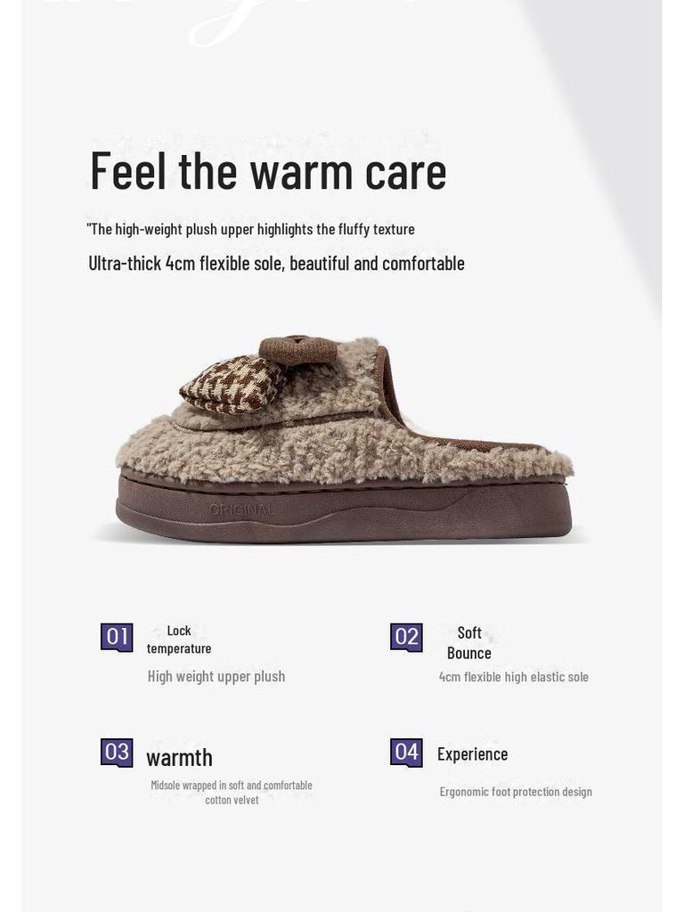 Bomullstofflor med rosett för kvinnor, tjock sula, varma sandaler för inomhus-/utomhusbruk, höst/vinter 2024