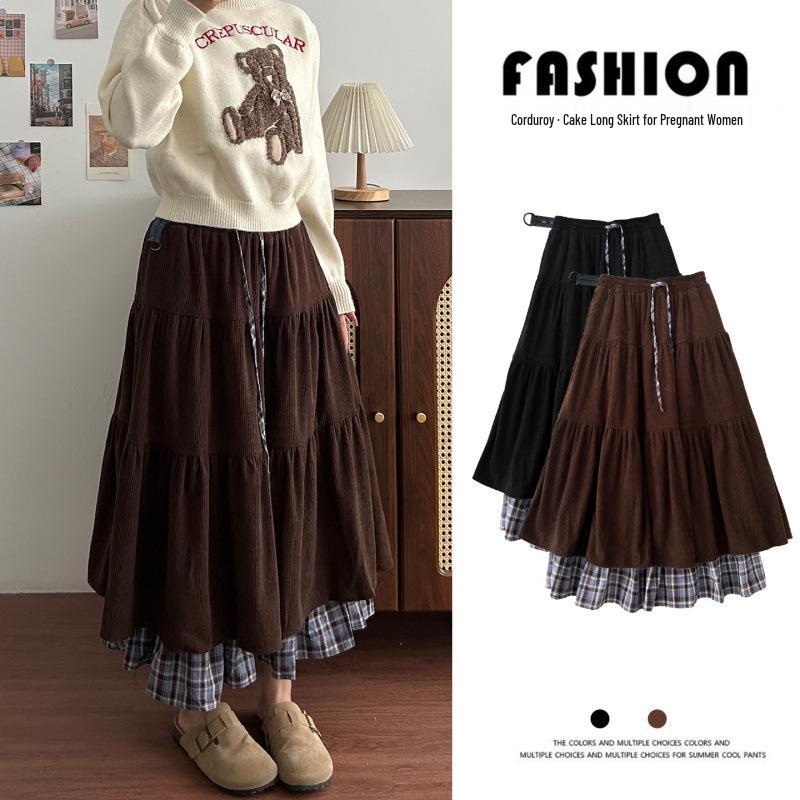 Autumn/Winter Corduroy Double-Layer Plaid Long Skirt for Pregnant Women (No Support Belt)