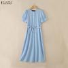 ZANZEA Summer Women Short Sleeve Front Lace Splicing Casual Long Maix Dress