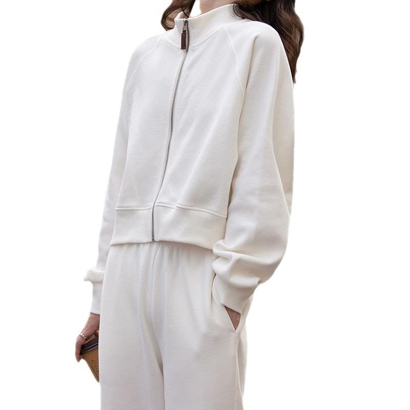 Conjunto Esportivo Casual de Duas Peças com Zíper Jaqueta Moletom Fina Calça Legging de Cintura Alta Moda Casual para Mulheres