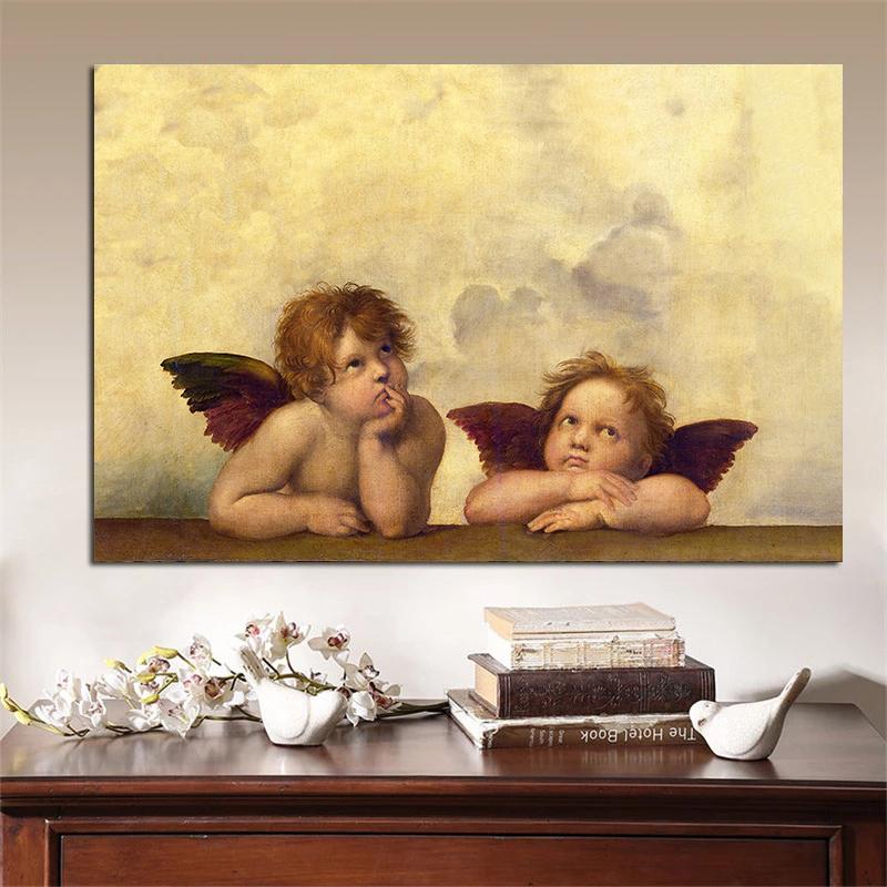 Raphael Klassisches Kunstwerk Sixtinische Madonna 90er Babyengel Poster Vintage Renaissance Leinwandgemälde Wandkunst Bilder Heimdekor