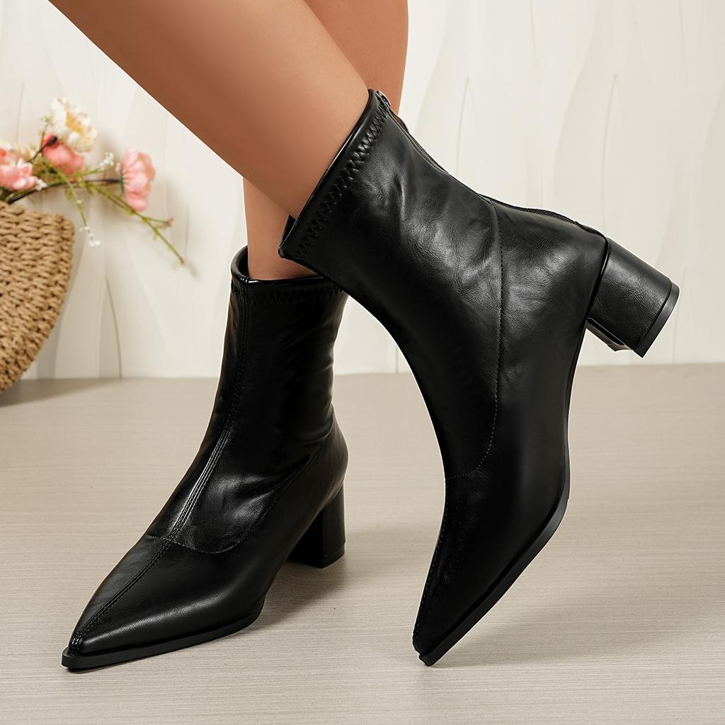 pointed short boots women's rear zipper temperament bare boots thick heel autumn and winter new French leather boots high heel thin boots