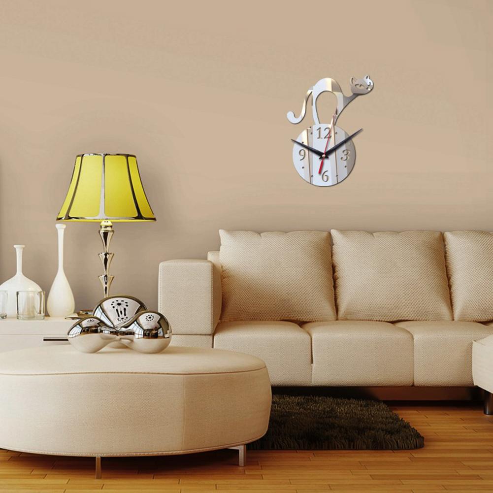 Creative Cat Wall Clocks Mirror Frameless Battery Operated Wall mounted Clocks For Home Living Room Decor