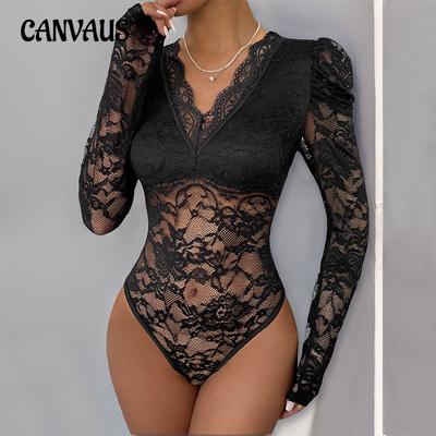 Solid Color Jumpsuit Long Sleeve Sexy Lace Patchwork Women's Bodysuit