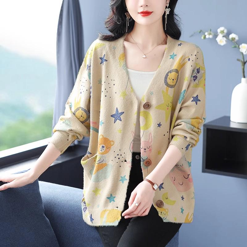2024 Autumn/Winter V-Neck Mink Velvet Printed Loose Casual Single-breasted Coat