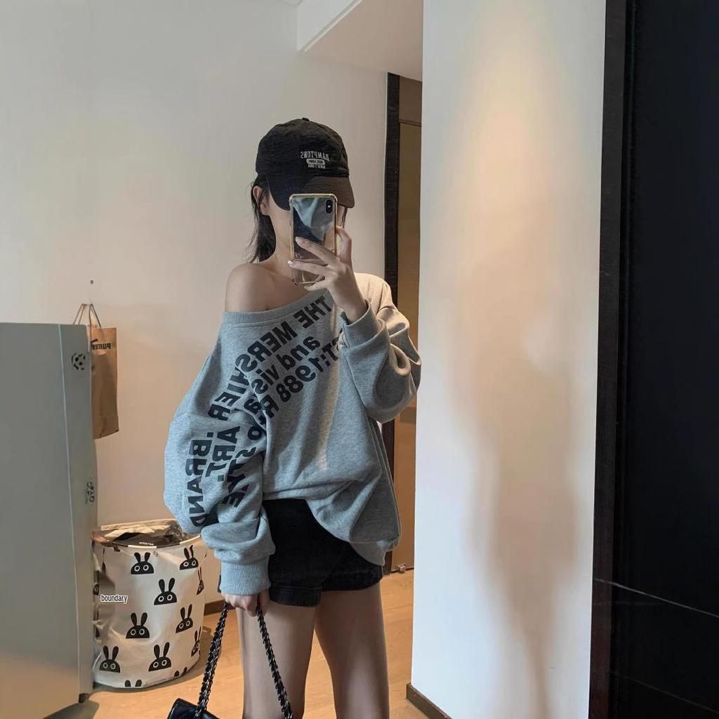 Damen American Retro Schrägkragen Sweatshirt - Übergroßes Oberteil für Frühling/Herbst