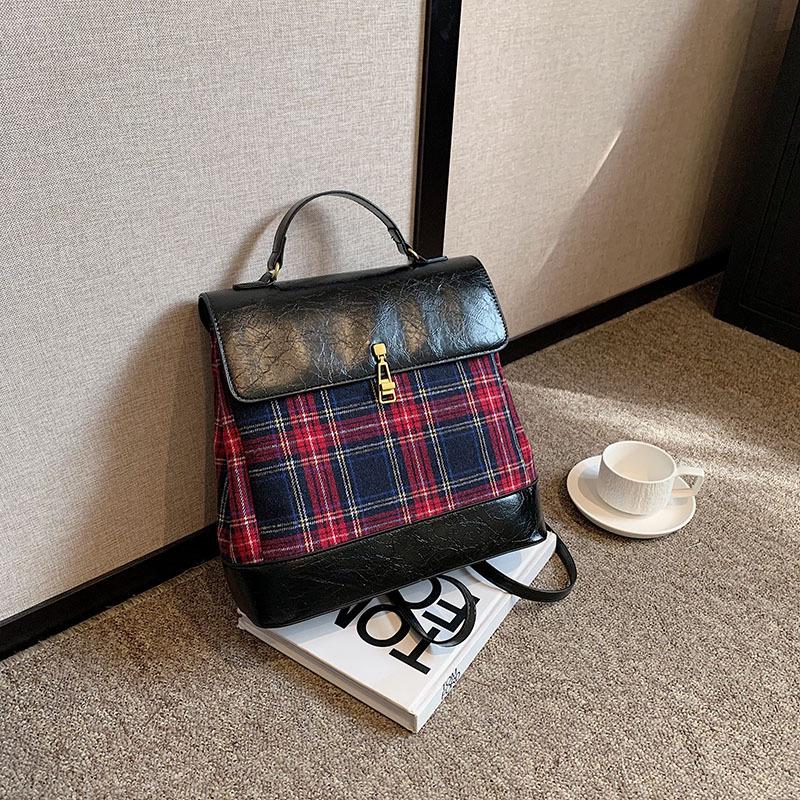 New trendy plaid women's bag, fashionable and casual color contrasting splicing portable shoulder backpack.