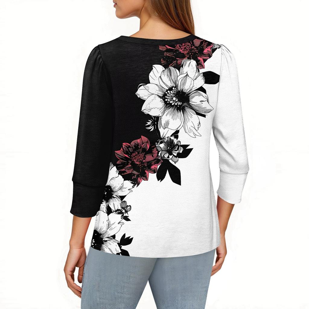 Women's Fashion Casual 3/4 Sleeve Print Shirt Women's V-Neck Tops