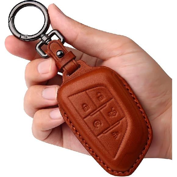 Tukellen for Cadillac Leather Key Fob Cover with Keychain Leather Key Case Key Shell 360 Degree Full Protection Compatible with Cadillac Escalade CTS