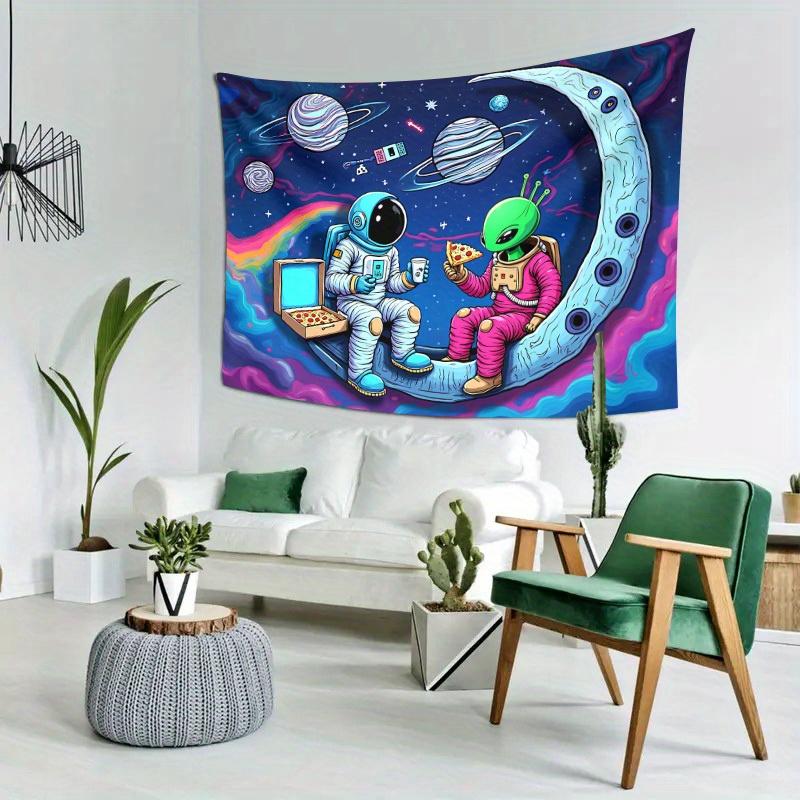 Astronaut Außerirdischer Wandteppich Kosmische Pizza-Party Psychedelische Weltraumkunst Polyester 5161 für Schlafzimmer oder Wohnheim