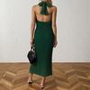 Women's Fashionable Sexy Solid Color Hanging Neck Backless Vacation Sleeveless Pleated Dress