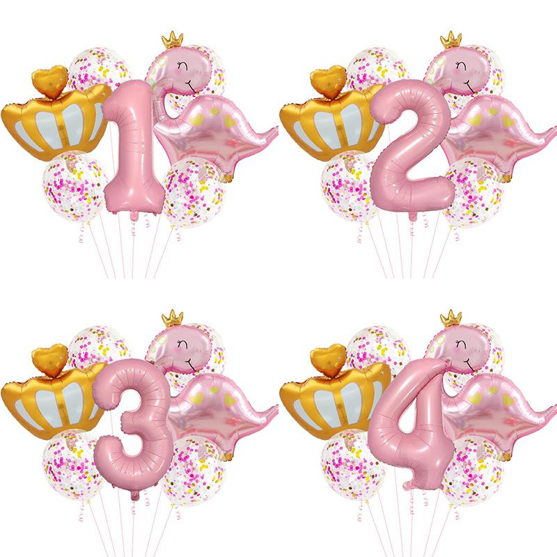 Pink Crown Dinosaur Aluminum Film Balloon Set Girl Children'S First Birthday Party Decoration Scene Arrangement