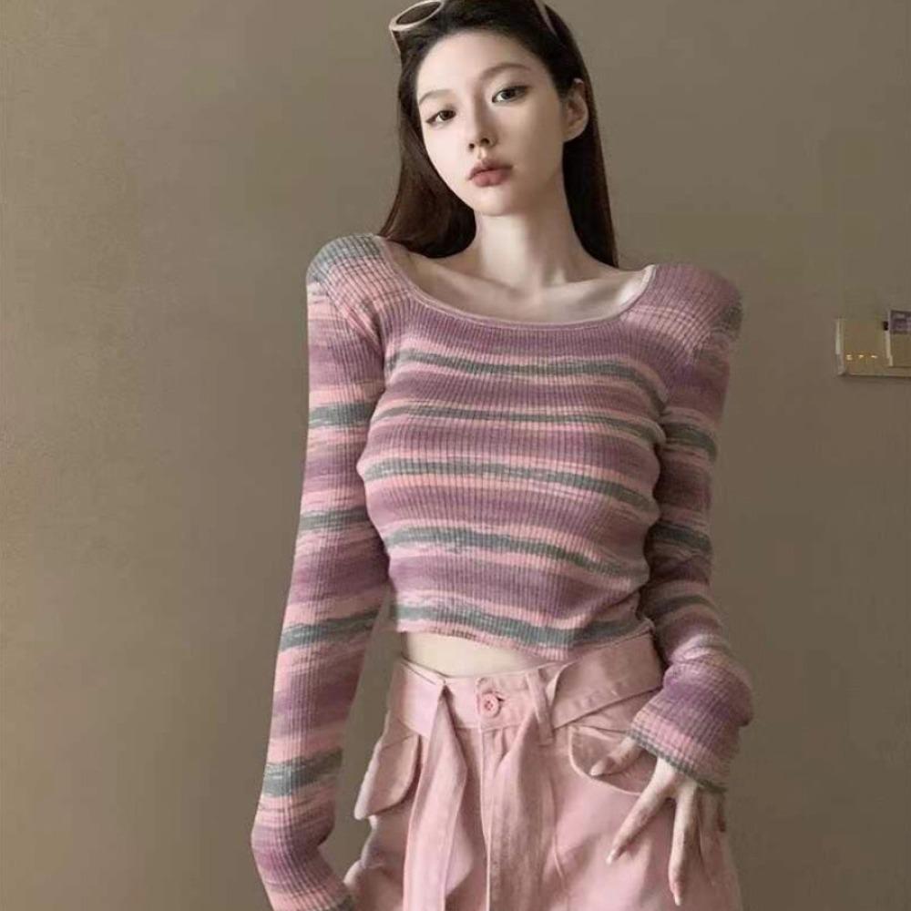 Autumn's New Retro Square-neck Rainbow Striped Knitted Sweater, Women's Long-sleeved Base Sweater, Slim Short Top