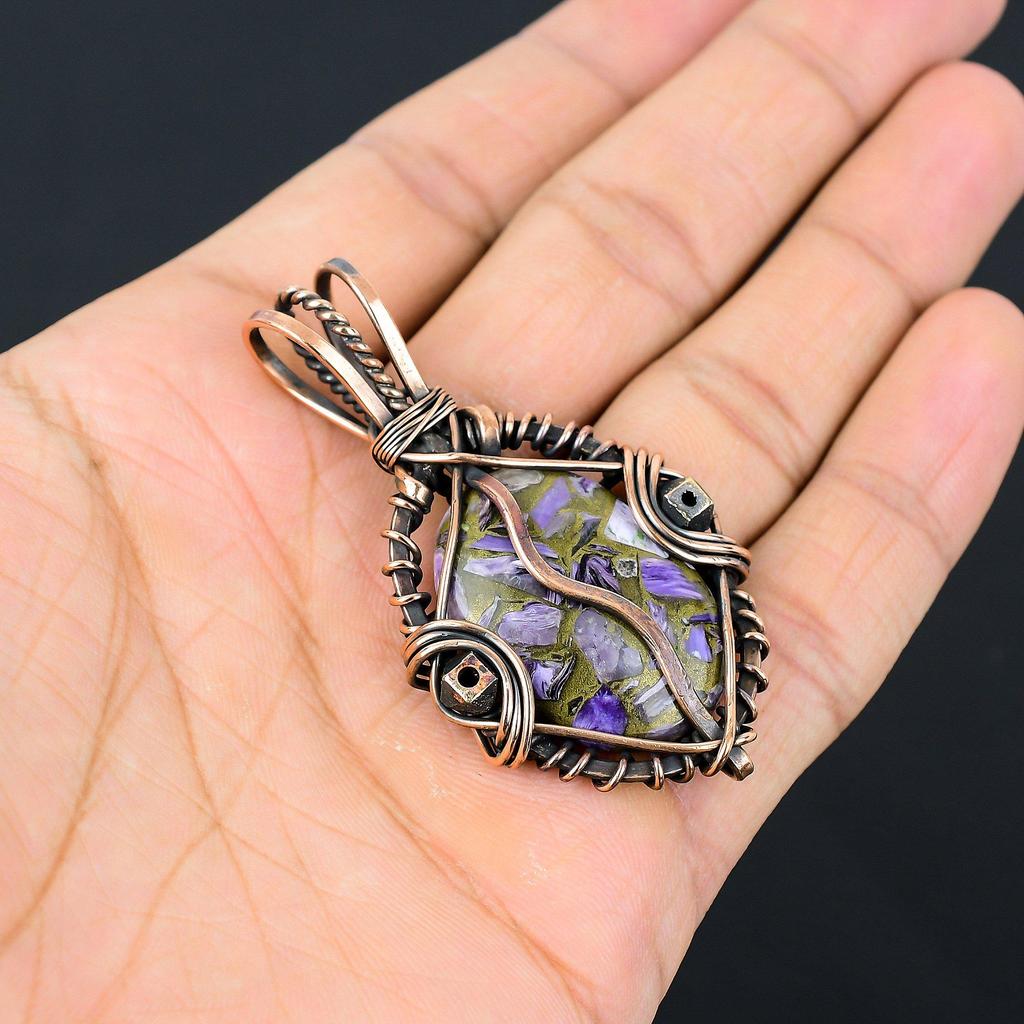 Copper Charoite Pendant Gemstone Jewelry, 999 Copper Wire Wrapped Pendant, Handmade Gift For Wife Pendant Jewelry