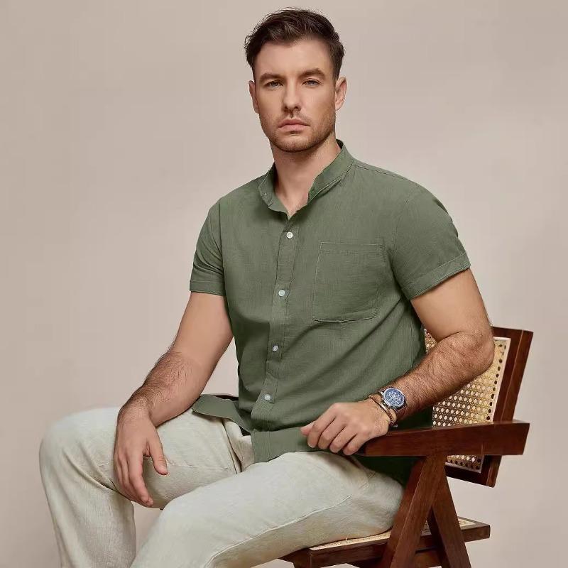 Men Stand Collar Short Sleeve Linen Shirt Full Button Down Chest Pocket Solid Casual Blouse