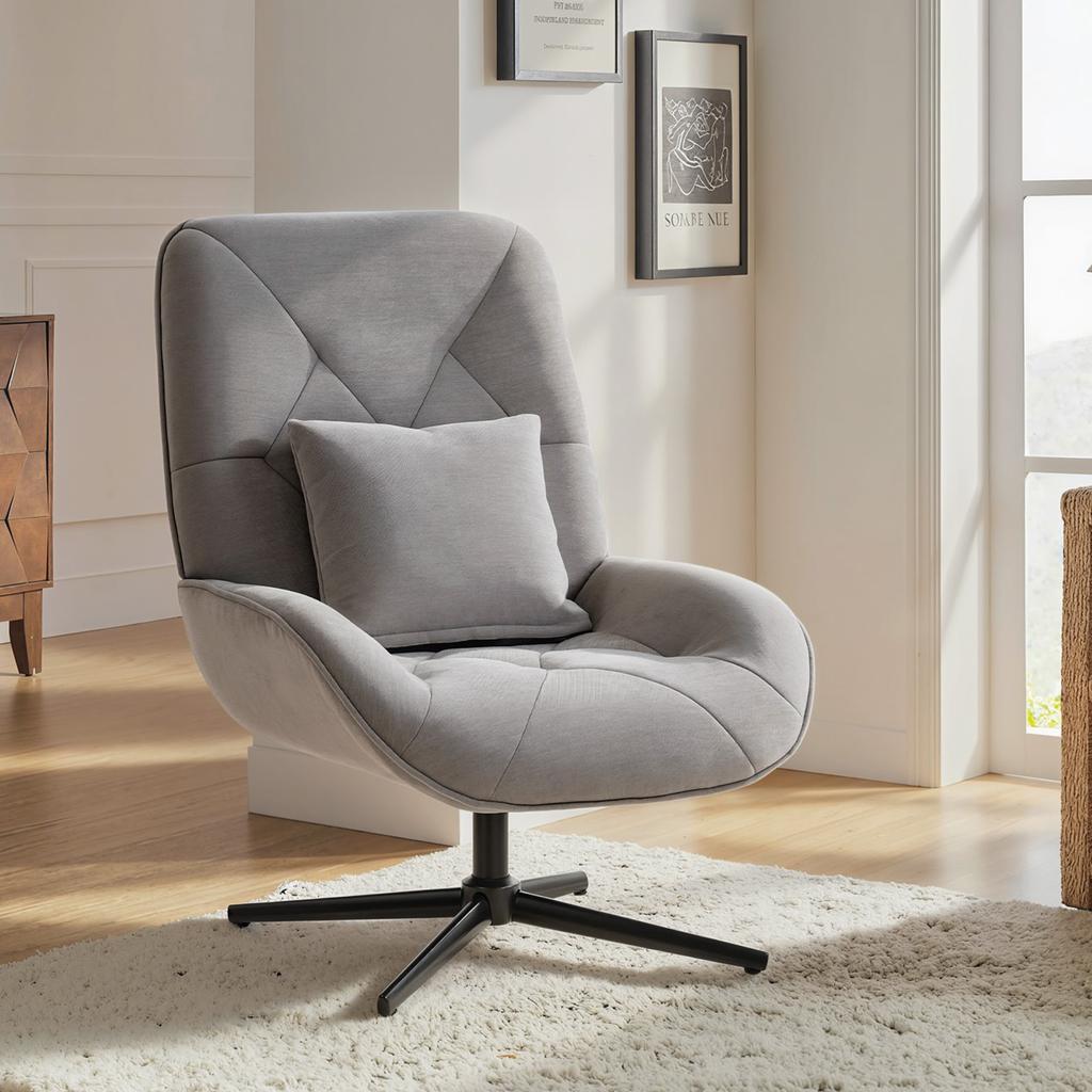 Accent Chair, Chenille Upholstered Swivel Armchair with Lumbar Pillow, High Back, Deep Seat and Metal Legs, Light Grey