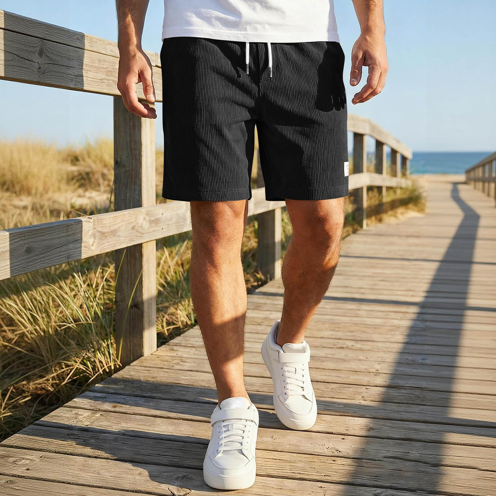 

Men Corduroy Drawstring Waist Shorts with Elastic Casual Fit Above Knee Summer Lightweight Shorts with Pocket L чёрный