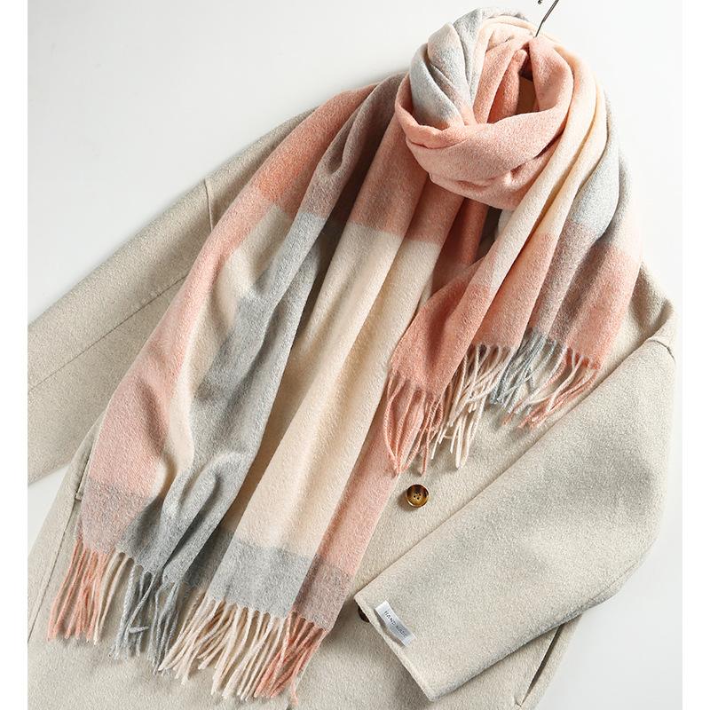 Winter Plaid Wool Scarf Women's New Warm and Fashionable Pure Wool Scarf To Prevent Cold Simple and Versatile Tassel Scarf