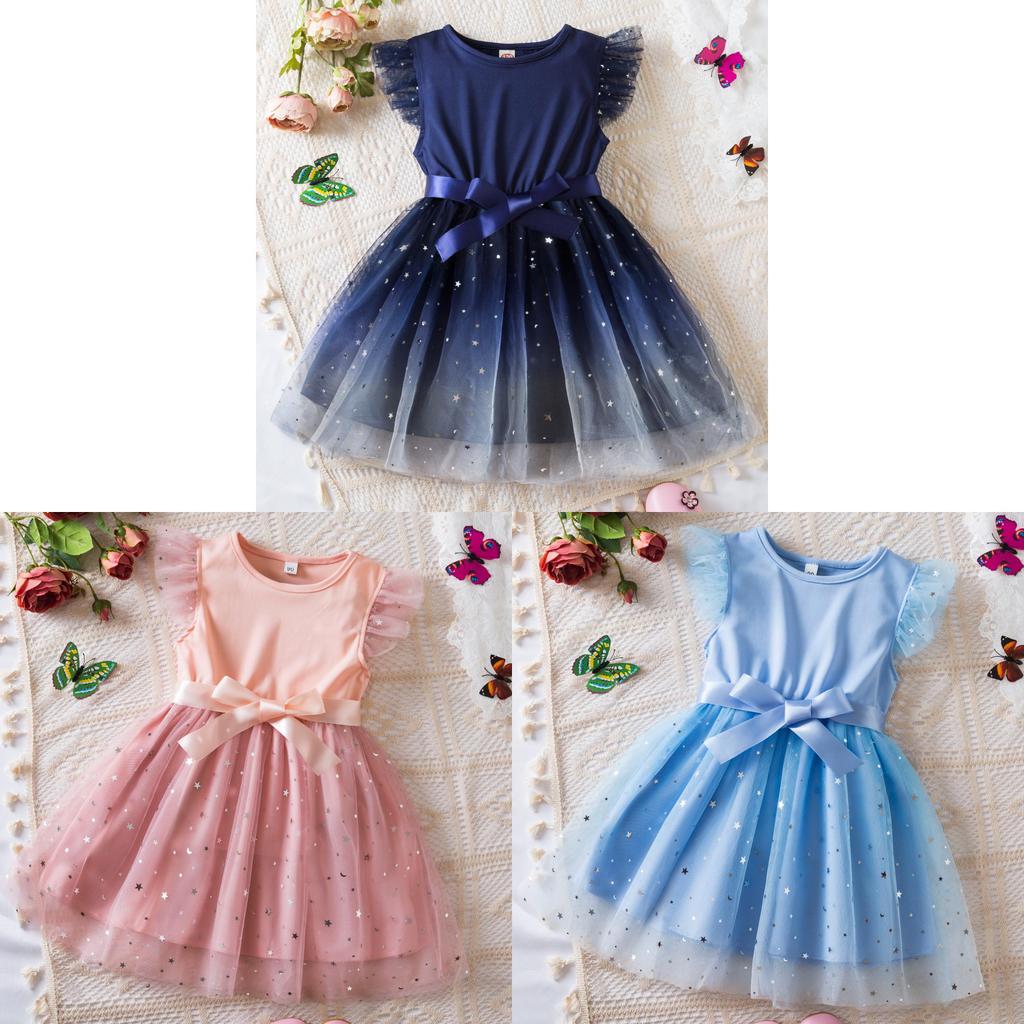 Vestito estivo da principessa per bambina con tessuto a rete sfumato per bambine piccole