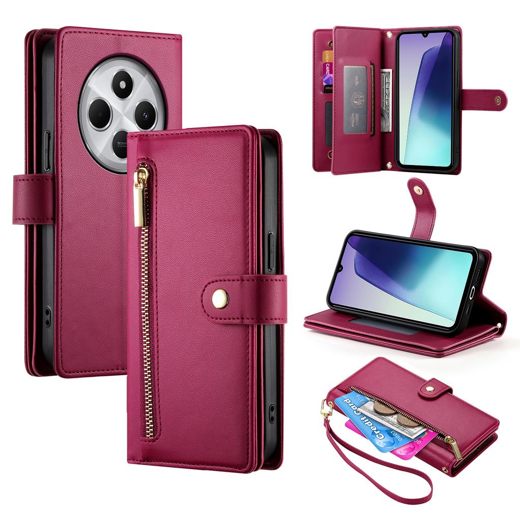 DF-011 Leather Case For Xiaomi Poco C75 4G/Redmi 14R 5G/14C 4G Zipper Pocket Wallet Phone Cover with Straps
