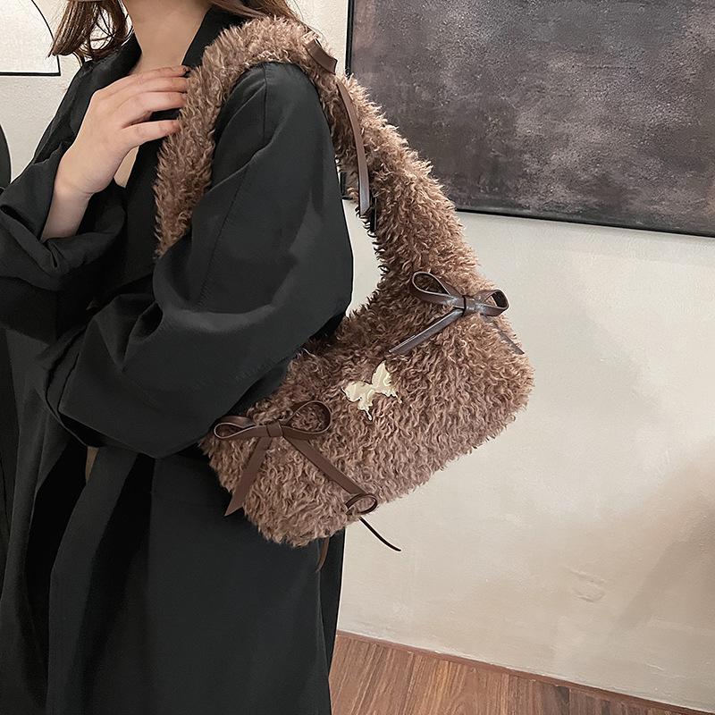 Korean Style Ins Bow Fluffy Shoulder Bag Autumn Winter New Large Capacity Cute Commuter Handle Bag Texture Simple Storage Bags