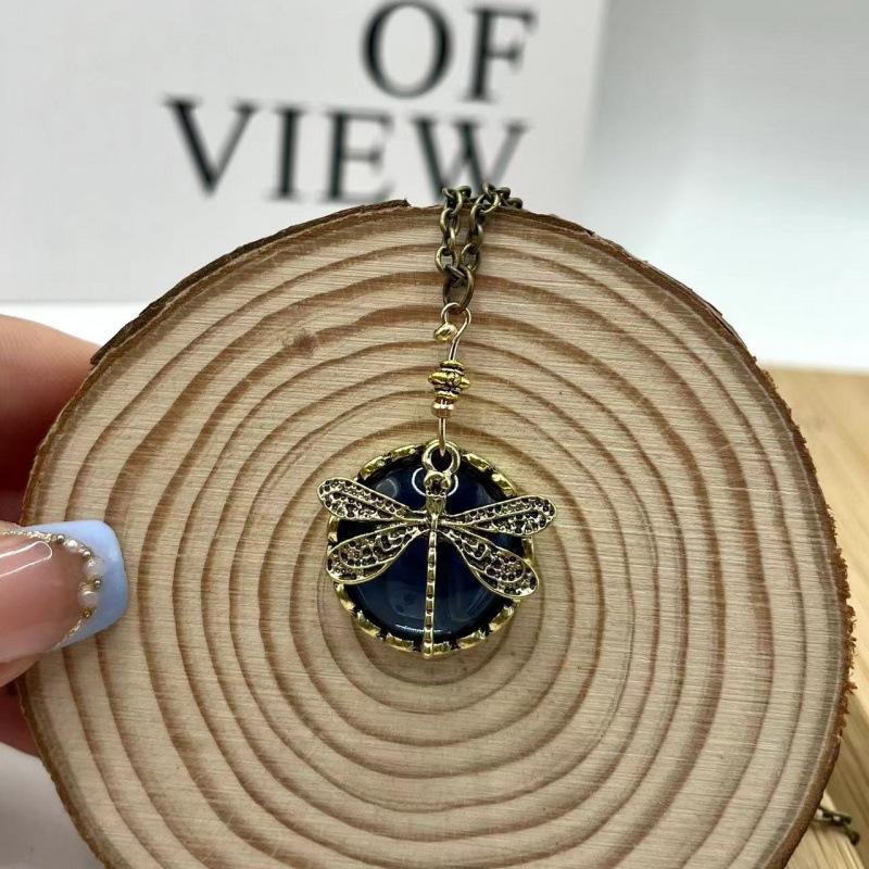 1Pcs Carving Blue Stone Accessories Vintage Bronze Color Dragonfly Women Necklaces And Pendants