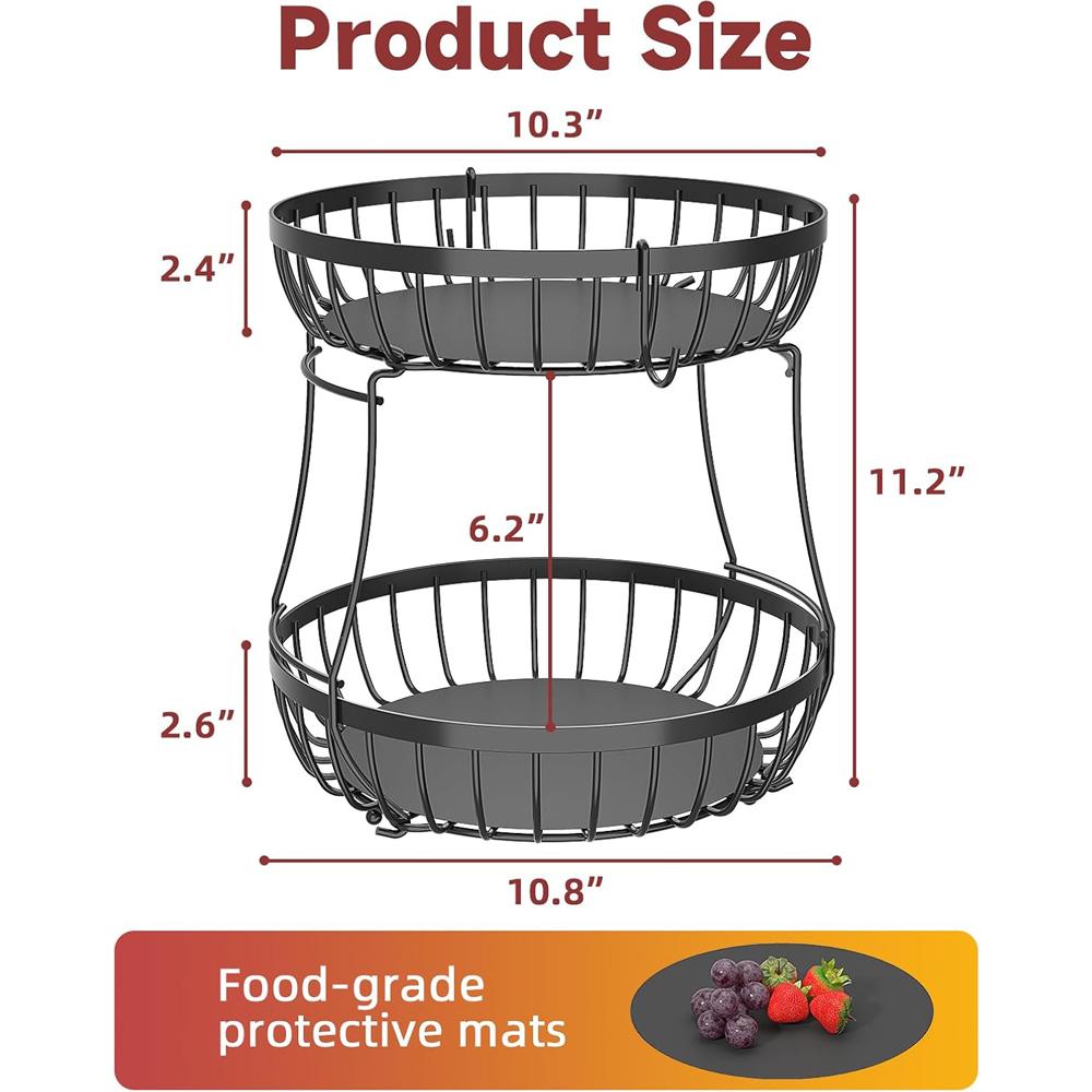 2 Tier Large Fruit Basket for Kitchen Counter with 2 Banana Hangers, Metal Stackable Fruit Bowl for Kitchen Counter for Bread