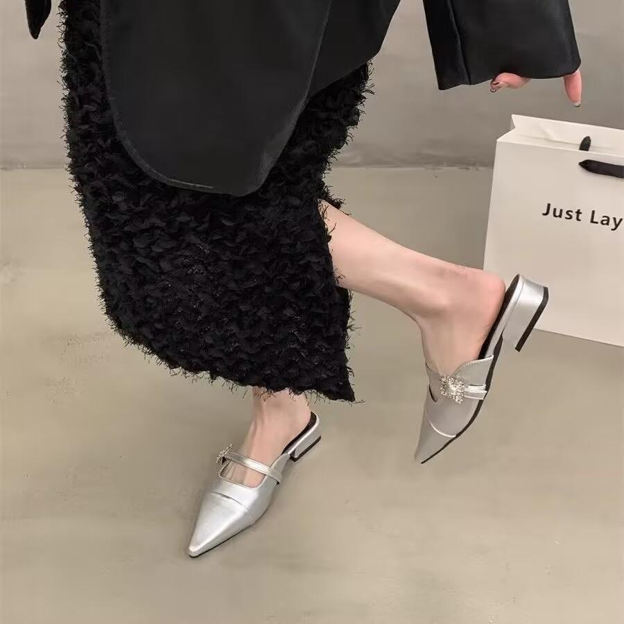 

Coarse heel bag head half slippers outer wear women s shoes spring and summer new one-pedal pointed Mary Jane silver shoes 40 серебряный