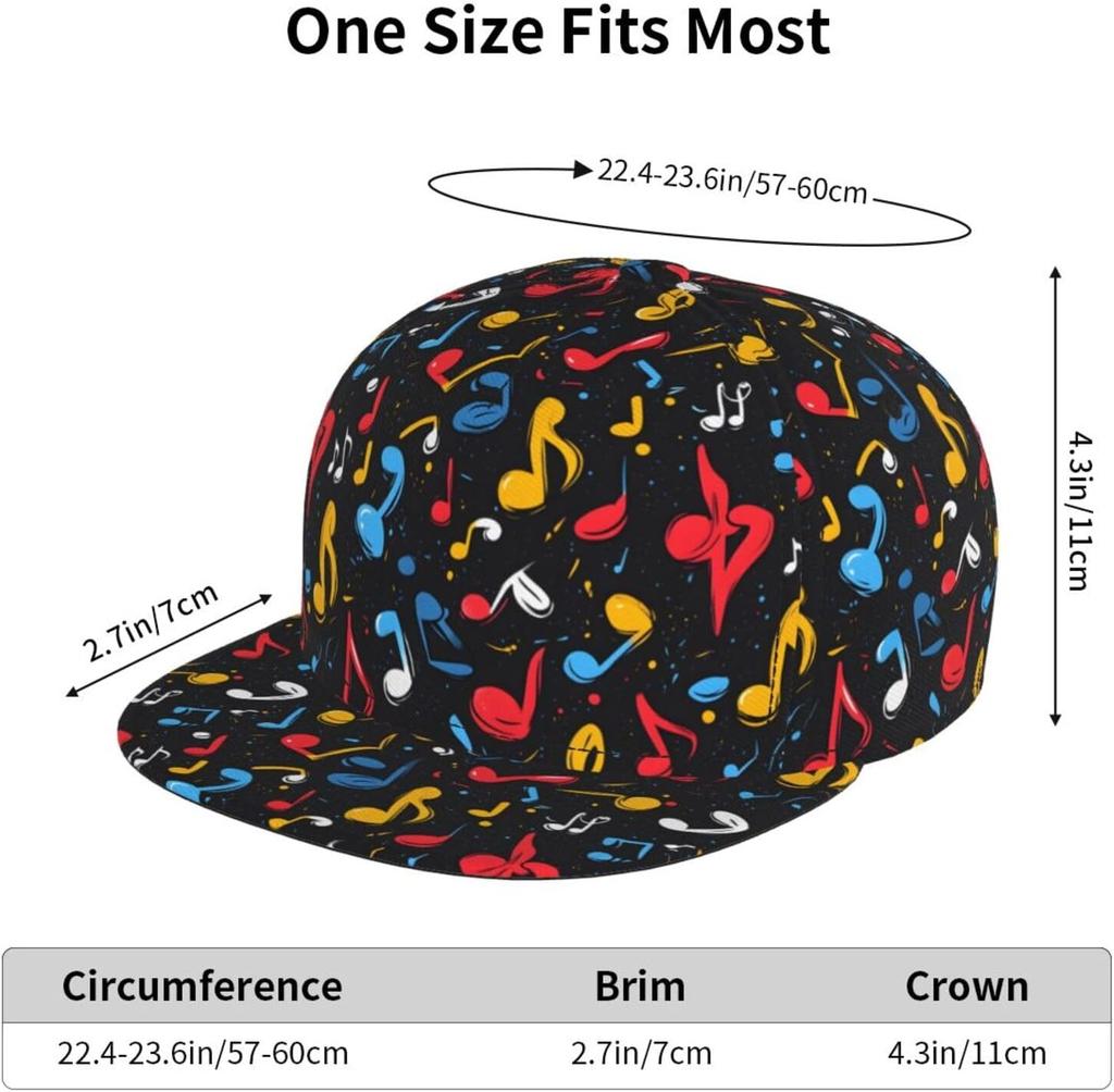 Music Notes Colorful Print Snapback Hats for Men Women, Adjustable Flat Bill Brim Hat for Men Baseball Cap