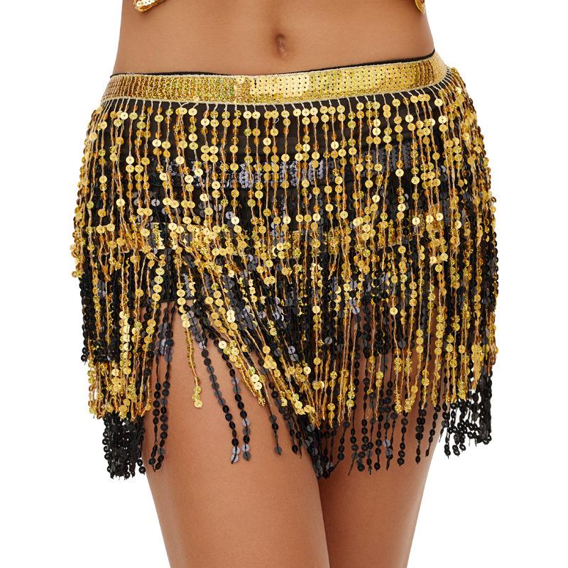 Bohemian Sequin Hip Scarf: Four-layer Tassel Waist Chain Belly Dance Costume for Women. Perfect for Halloween Performances.