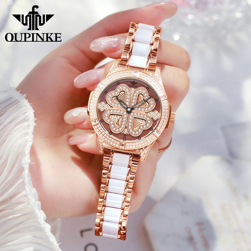 OUPINKE Women's Watch Four-leaf Clover Rotating Dial Automatic Mechanical Watch for Ladies and Women