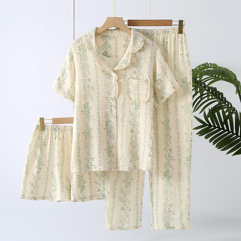 Women's summer crepe cotton yarn lace lapel short-sleeved trousers shorts set three-piece pajamas loungewear