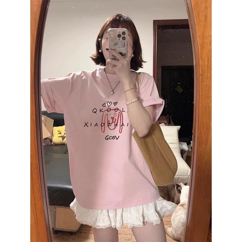 summer casual loose pink white t shirt high street cute letter print young girl short sleeved t-shirts for women's harajuku streetwear tshirt y2k tops