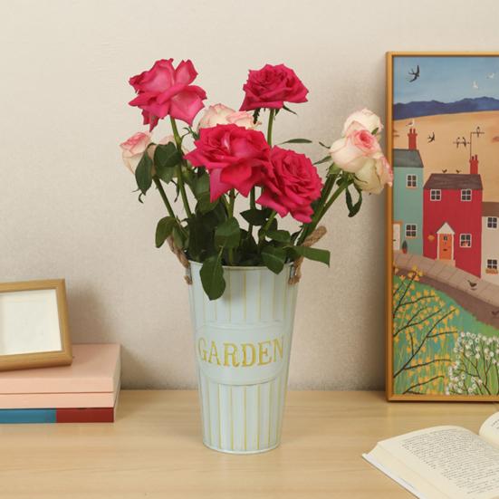 Deep Bucket Vase Galvanized Iron Flower Bucket with Rope Handles Retro Farmhouse Vase for Home Flower Arrangement