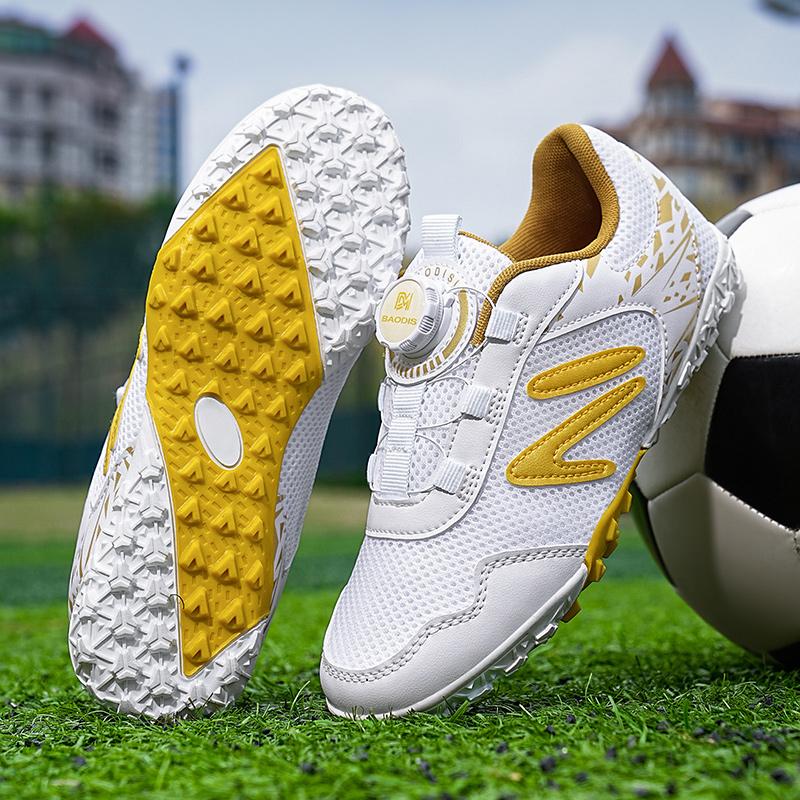 Kid's Football Shoes Are Lightweight Easy To Put On And Take Off with Rotating Buttons Rubber Soft Sole Breathable Mesh. They Are Also Training Shoes