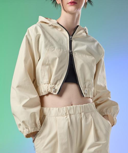 Koleat Women Maxi Crop Zip-Up Hooded Field Jacket Windbreaker [Ivory]