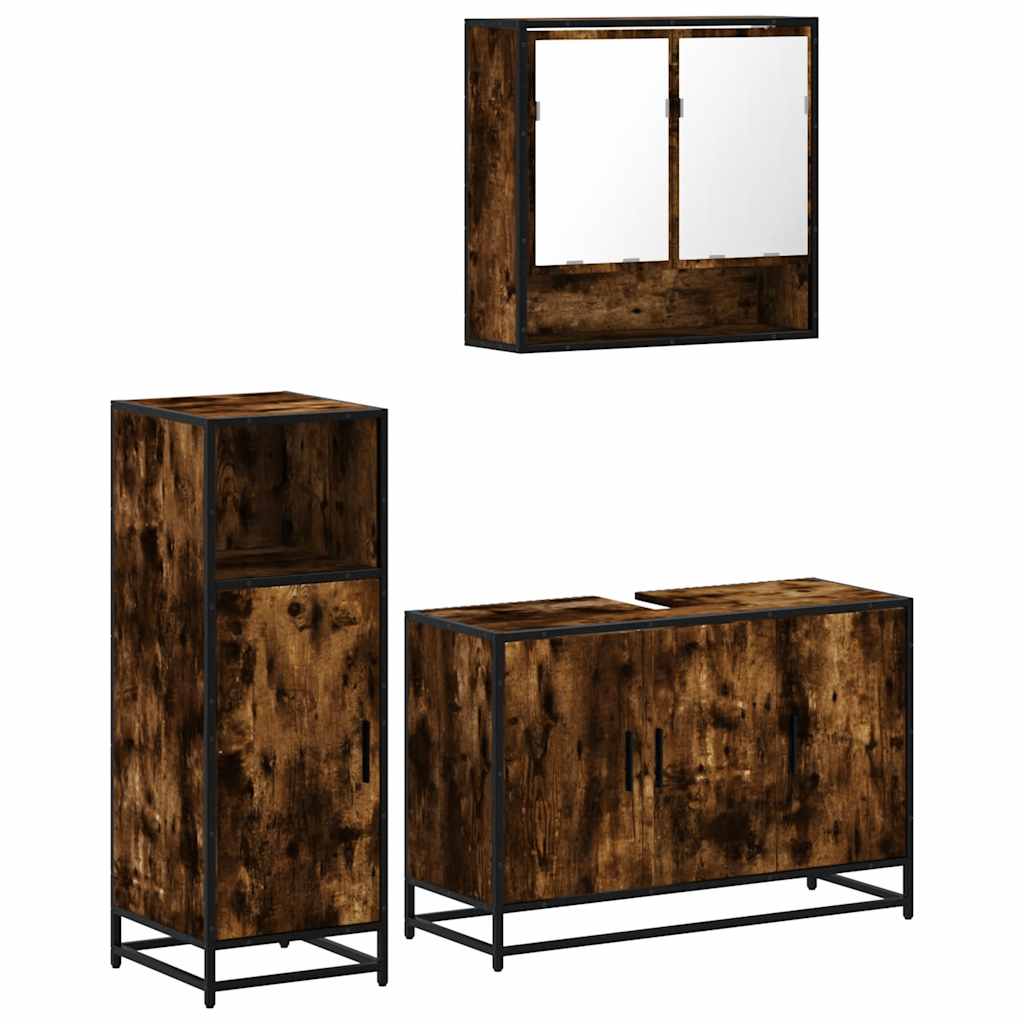 3 Piece Bathroom Furniture Set Smoked Oak Wood Based Material
