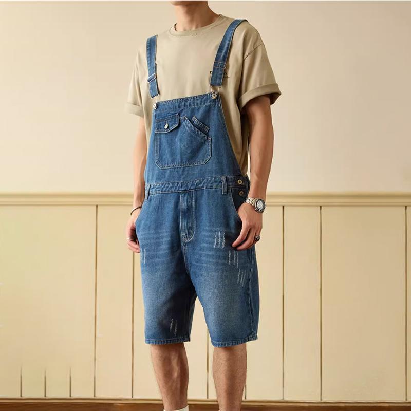 Men's Denim Suspenders Shorts Summer One-Piece Denim Overalls Men's Shorts Five-point Denim Shorts Slim Overalls Denim Shorts