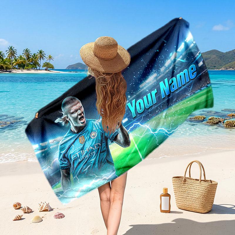 Asciugamano da Spiaggia Personalizzato Erling Haaland, Stampa Testo Nome Personalizzato, Asciugamano Morbido ad Asciugatura Rapida con Logo Calcio, Regalo per le Vacanze