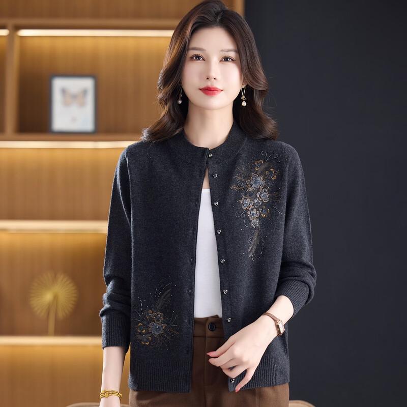 Women's Floral Embroidered Knitted Cardigan for Seniors