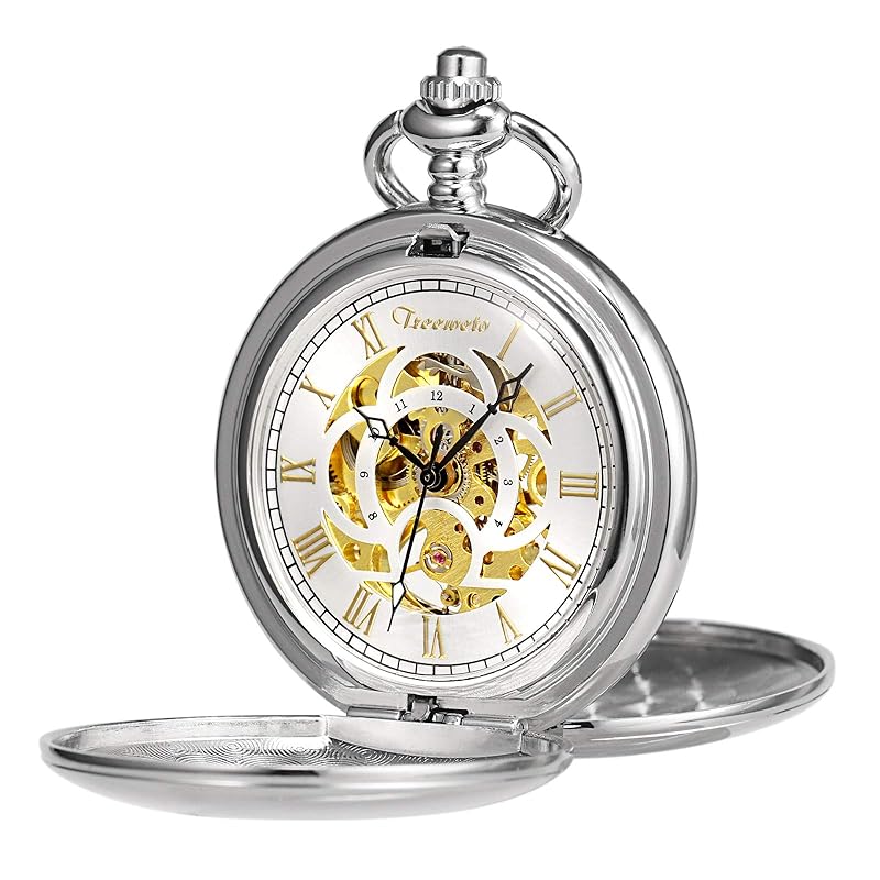 

TREEWETO mechanical pocket watch antique golden dial skeleton roman numerals silver double hunter with chain lid