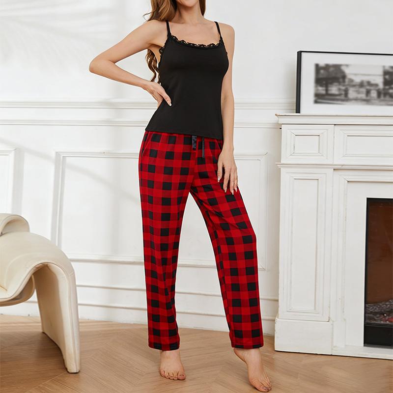 Thong Pajamas - Summer Sexy Lace-edge Two-piece Set for Ladies Home Wear S чёрный