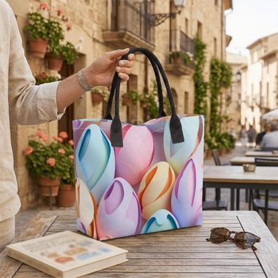  Colorful Tulip Print Casual Tote Bag Large Capacity Lightweight Reusable Daily Shoulder Handbag