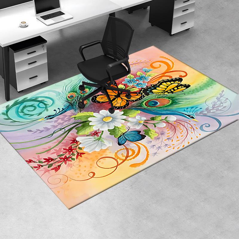 Colorful Butterfly and Flower Chair Mat Office Carpet, Oversized Rug for Home Decor, Suitable for Bedroom, Living Room, Various Rooms