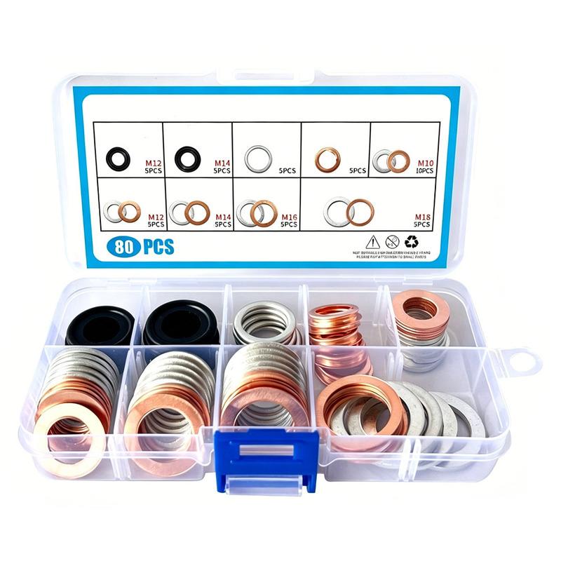 80pcs Oil Sump Drain Sealing Gasket Assortment For Screws Fastener Rubber Steel Flat Ring Seal Auto Tool Box For Car Truck Use