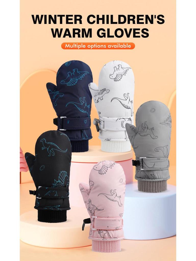 Quick-Drying Waterproof Kids' Ski Gloves with Cartoon Print - Thickened, Plus Velvet for Autumn and Winter