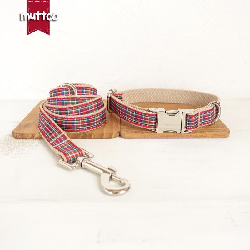 Red Plaid Alloy Buckle Dog Collar & Leash Set UDC-012 Medium