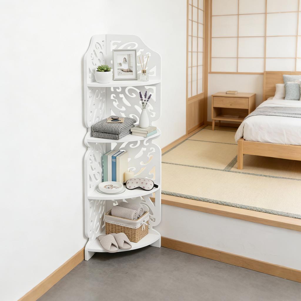4-Tier Corner Storage Rack – Triangular PVC Shelf Unit for Bathroom, Living Room & Balcony – White