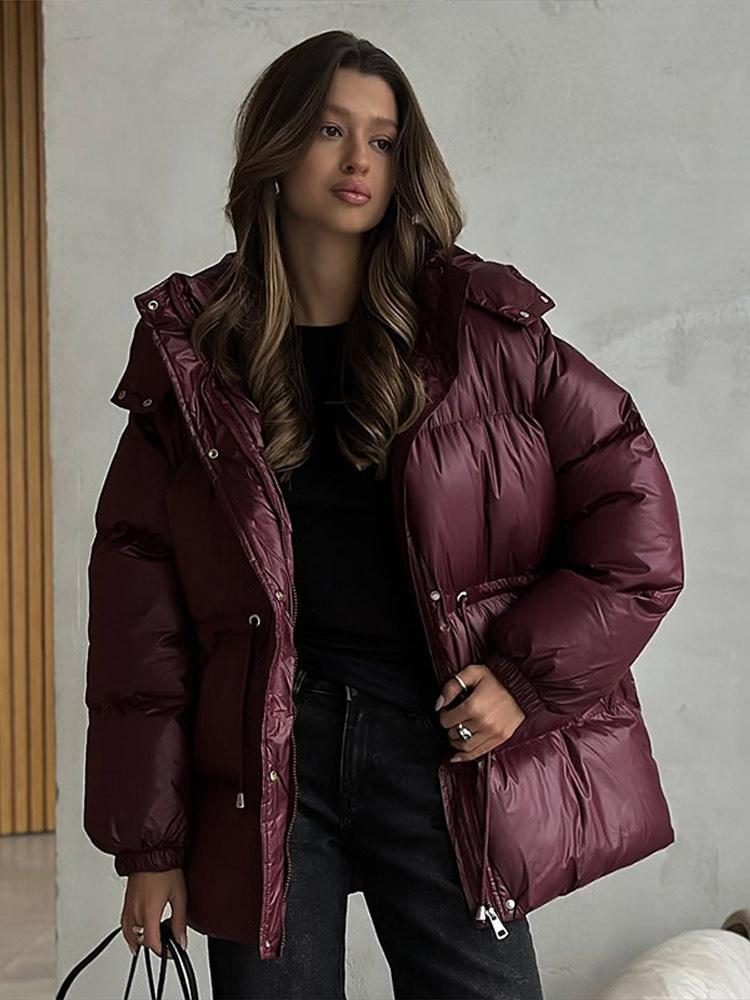 Damen Kapuzen-Baumwolljacke mit Reißverschluss Kordelzug Bindung Locker Warm Braun Baumwollkleidung Leichte Schlanke Jacke Täglicher Arbeitsweg Herbst und Winter
