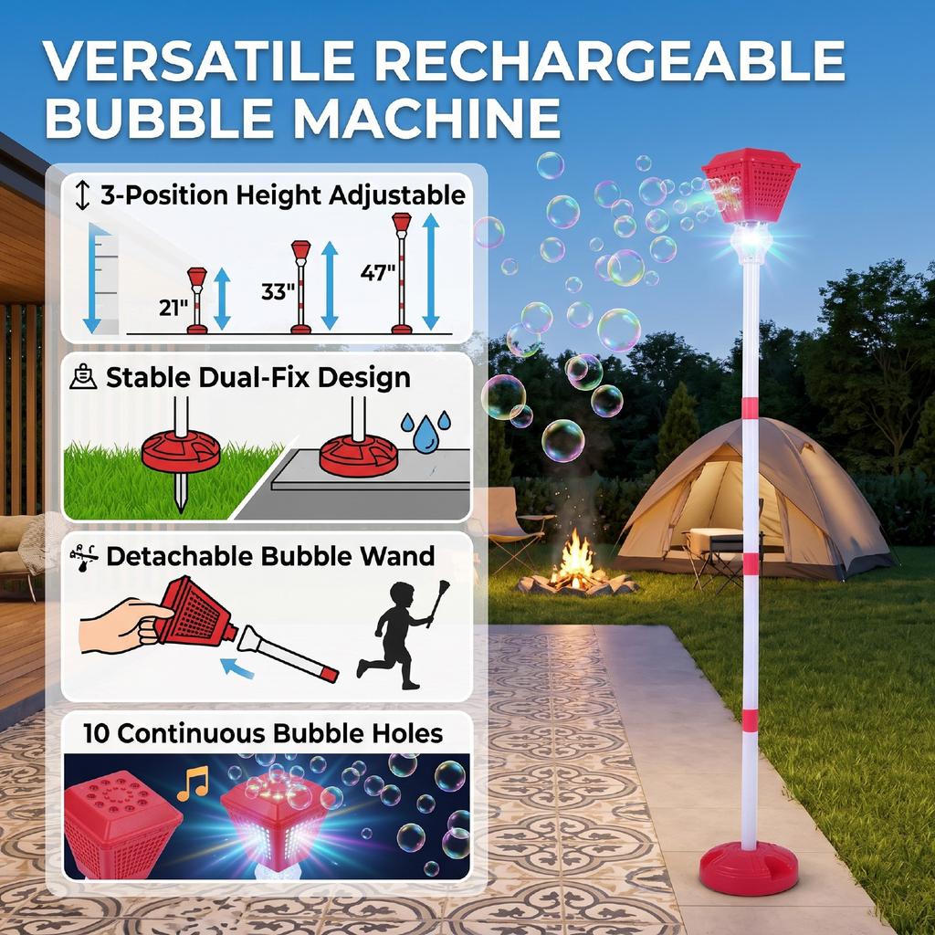 Bubble Machine 3 Gears Height Adjustable Detachable Rechargeable Sound and Light Outdoor Bubbles Blower Machine for Camping Red